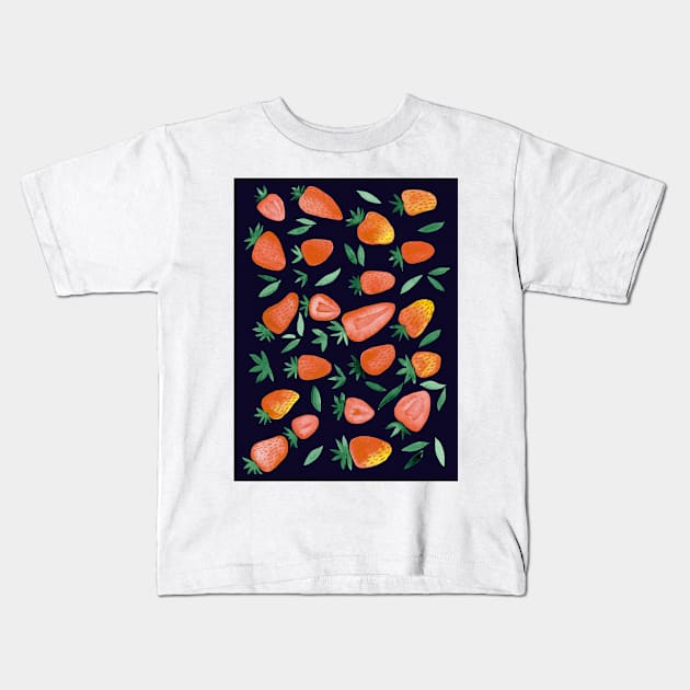 Watercolors strawberries - orange on dark background Kids T-Shirt by wackapacka